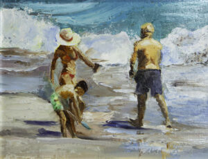Impressionistic painting of three figures at the shoreline: a woman in a sunhat and bikini, a man in swim trunks, and a child playing in the sand as waves crash.