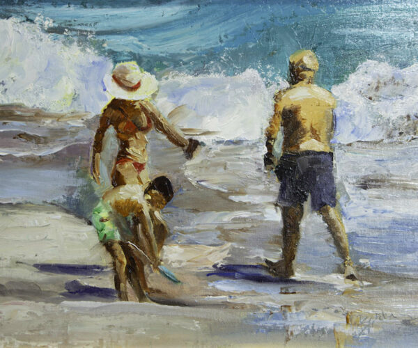 Impressionistic painting of three figures at the shoreline: a woman in a sunhat and bikini, a man in swim trunks, and a child playing in the sand as waves crash.