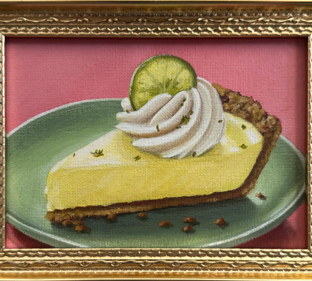 Oil painting of a slice of Key lime pie topped with whipped cream and a lime garnish on a green plate with a pink background.