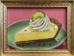 Oil painting of a slice of Key lime pie topped with whipped cream and a lime garnish on a green plate with a pink background.
