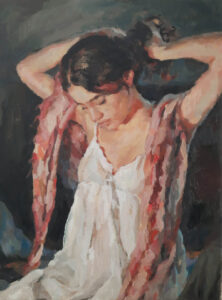 Soft oil painting of a young woman in a white dress, adjusting a patterned shawl draped over her shoulders.