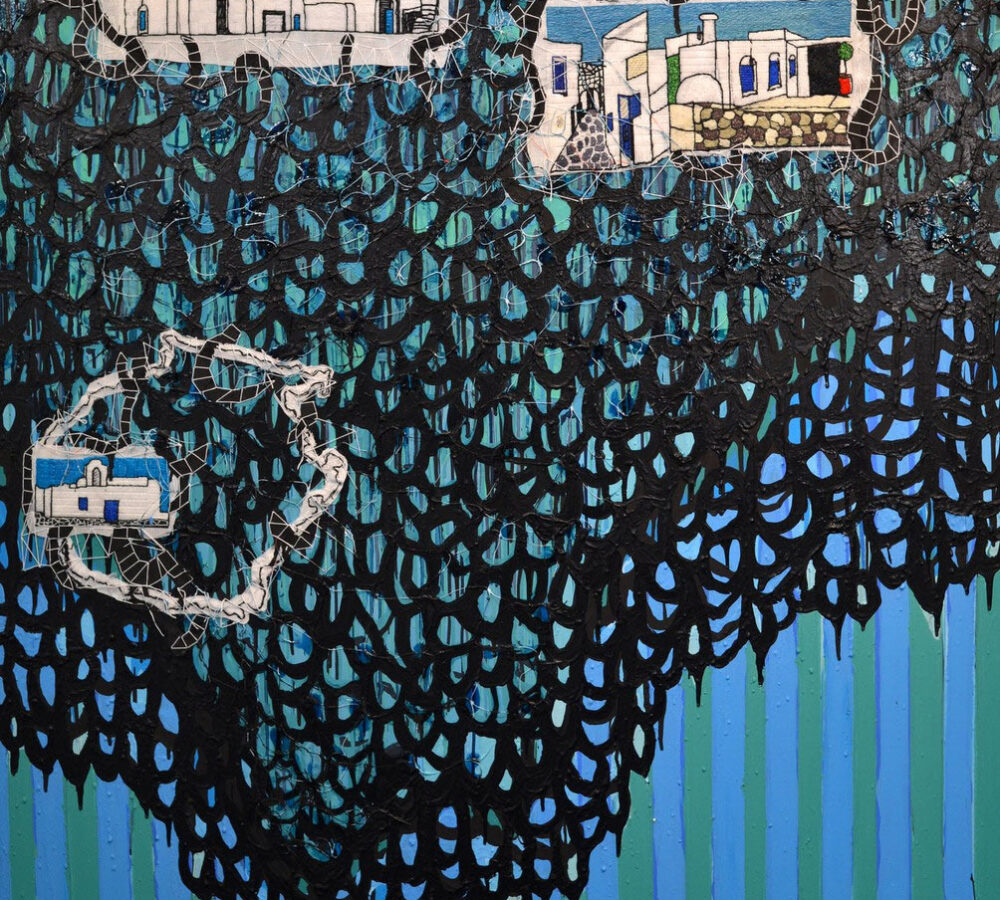 roots-of-a-city-greece Abstract artwork with small white and blue buildings set against a dense black lace-like pattern over teal and blue vertical stripes.