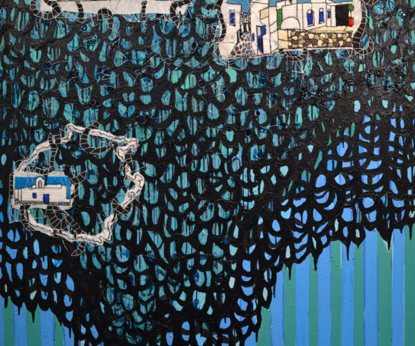 Abstract artwork with small white and blue buildings set against a dense black lace-like pattern over teal and blue vertical stripes.