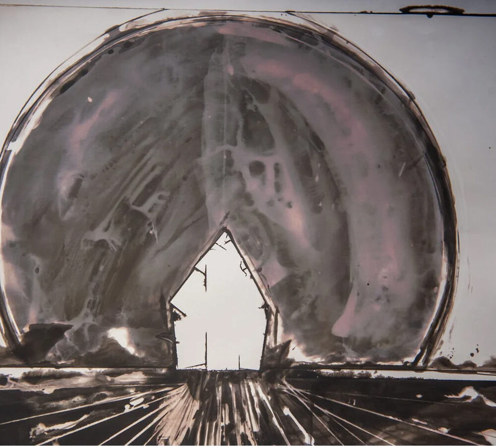 Moody monochrome mixed media work of a glowing white house inside a large dark circular form, with radiating lines suggesting light or energy.