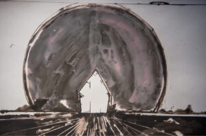 Moody monochrome mixed media work of a glowing white house inside a large dark circular form, with radiating lines suggesting light or energy.