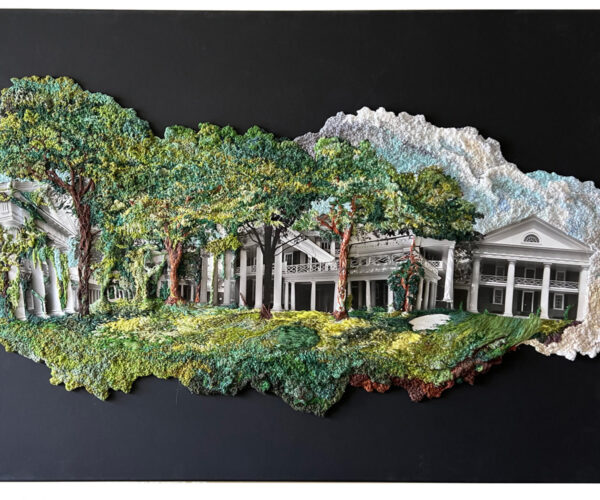 Mixed-media artwork combining lush textured trees with black-and-white images of grand neoclassical buildings, set against a stark black background.