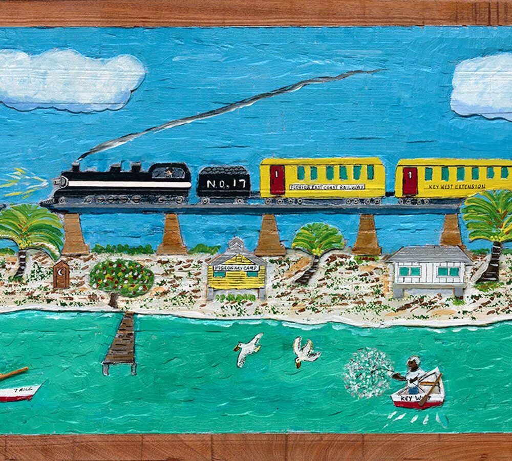 Folk-style painting and woodcut of a black steam train with bright yellow passenger cars crossing a bridge over turquoise water, with palm trees, houses, rowboats, and birds adding detail.