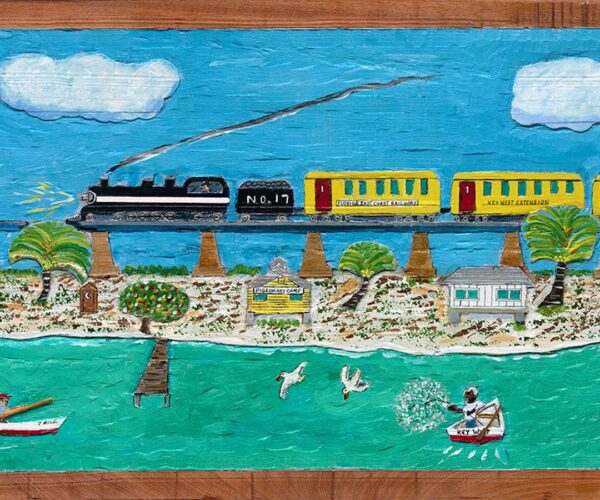Folk-style painting and woodcut of a black steam train with bright yellow passenger cars crossing a bridge over turquoise water, with palm trees, houses, rowboats, and birds adding detail.