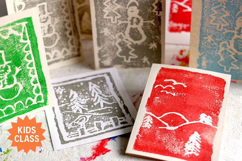 Handmade holiday cards created by kids using block printing techniques in red, green, blue, and silver ink. A bright orange badge in the corner reads “Kids Class.”