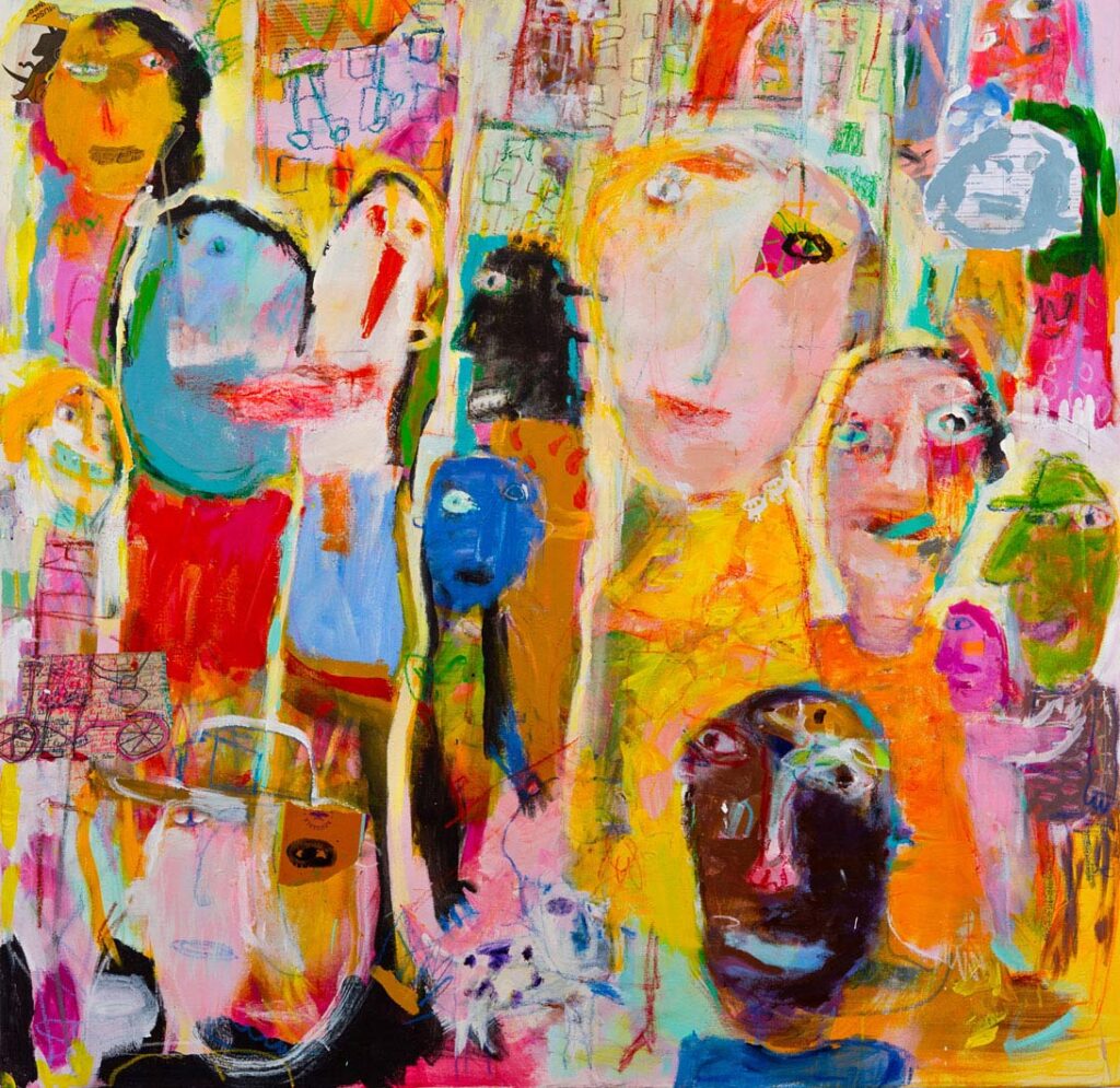 A colorful abstract painting filled with overlapping, expressive faces in bright shades of yellow, orange, pink, blue, and green, outlined in bold strokes.