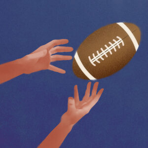 Illustration of two outstretched hands reaching for a brown football against a deep blue background, symbolizing grasping for something slipping away.