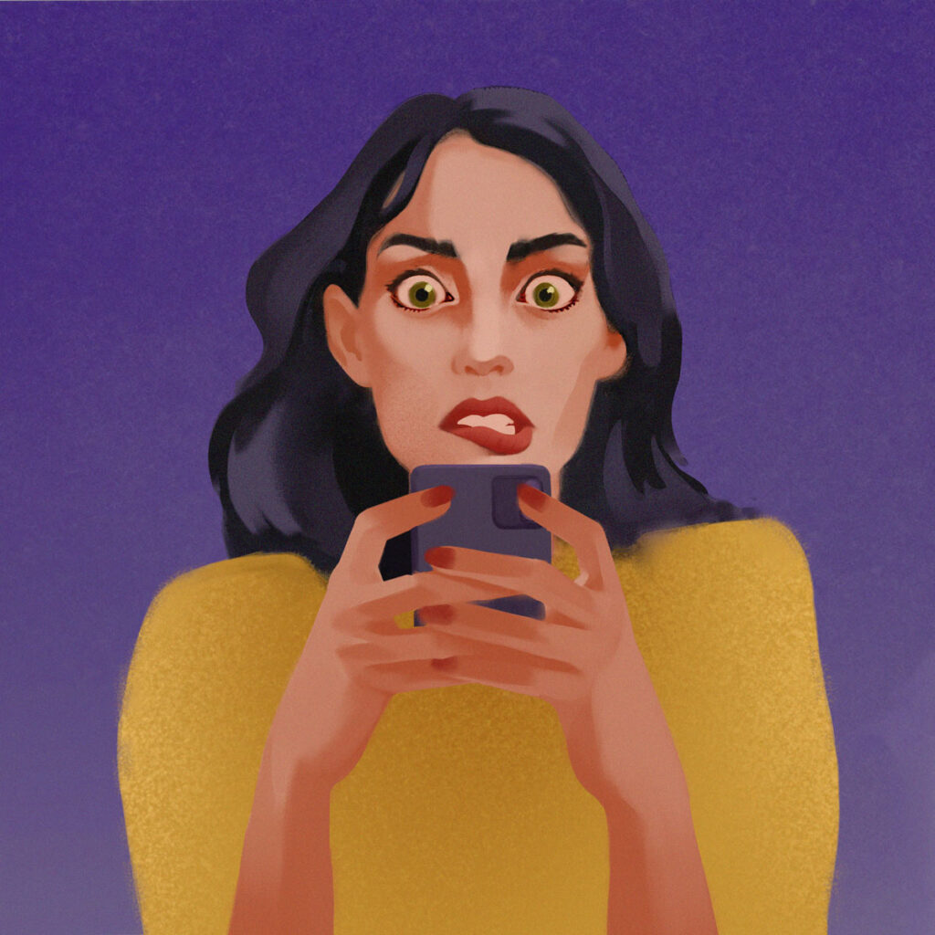 Illustration of a woman with wide green eyes and dark hair holding a phone tightly, looking anxious or shocked, against a purple gradient background.