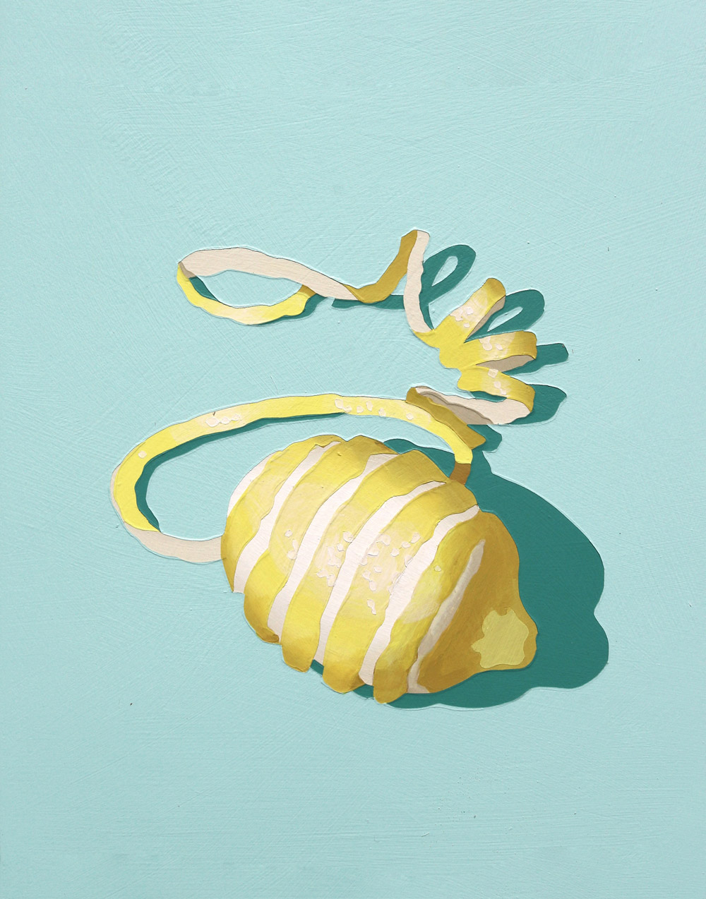“Lemon Peeled,” a 10 × 8 inch painting by artist Lori Larusso, featuring a curled lemon peel rendered in bold yellow and white acrylic with pigmented varnish on a turquoise background.