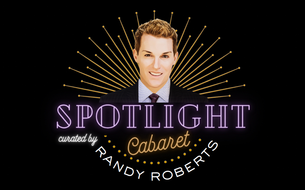 Spotlight Cabaret logo featuring a stylized portrait of curator Randy Roberts, with golden rays radiating behind him and glowing text that reads “Spotlight Cabaret curated by Randy Roberts” on a black background.