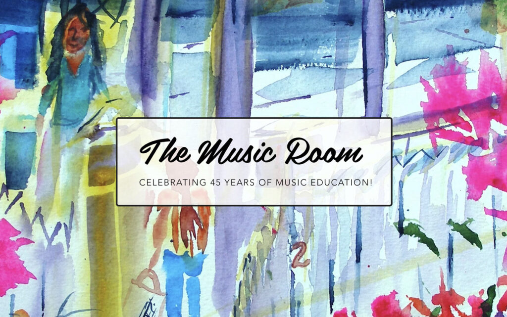 Watercolor artwork featuring vibrant, abstract brushstrokes in blues, greens, and pinks with figures suggested among the colors. Overlaid text reads “The Music Room – Celebrating 45 Years of Music Education!” promoting a youth classical concert.