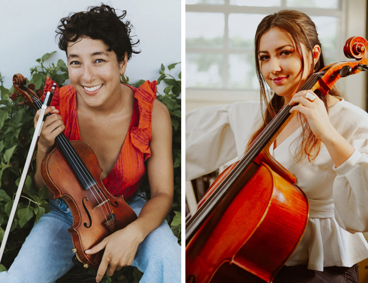 irie-and-stephanie A side-by-side image of two musicians: on the left, a violinist in a red sleeveless top smiling outdoors; on the right, a cellist in a white blouse holding her cello indoors.