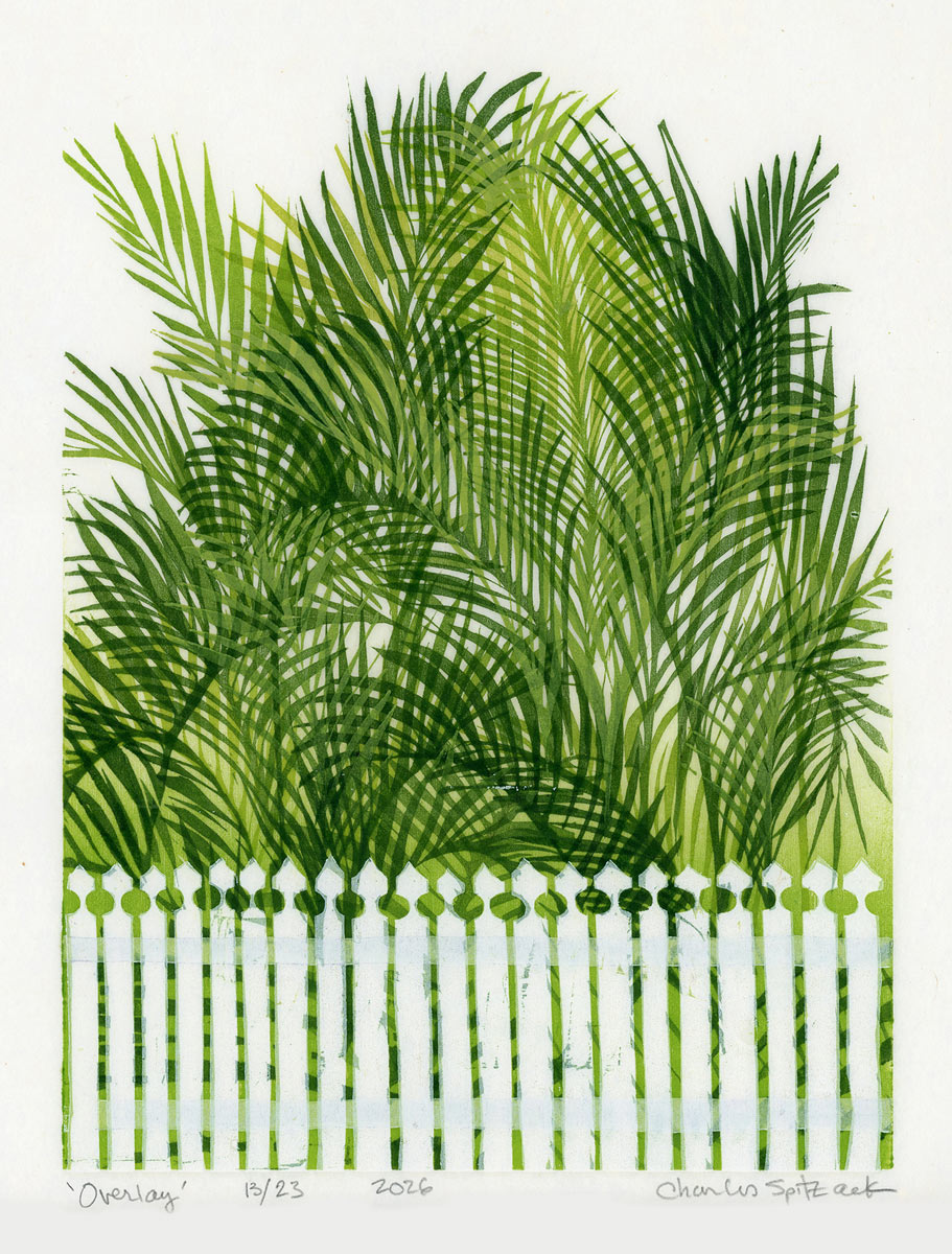 Wood print of palm fronds in various shades of green extending over a white picket fence