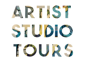 Graphic text reading “ARTIST STUDIO TOURS” in bold, cut-out letters filled with colorful abstract artwork featuring blue, yellow, and green tones. The design promotes an open studio event where visitors can explore artists’ creative spaces.