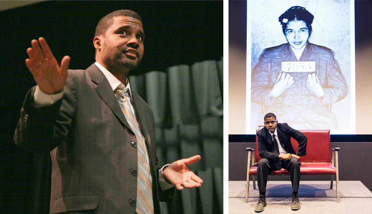 Two side-by-side scenes show a man performing onstage. On the left, he gestures expressively while speaking; on the right, he sits on a red bench before a projected black-and-white photo of Rosa Parks, connecting his performance to the legacy of the civil rights movement.