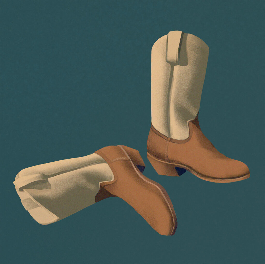 Illustration of a pair of tan and cream cowboy boots on a teal background. One boot stands upright while the other lies on its side, their smooth, minimalist shading giving the image a clean, stylized look.
