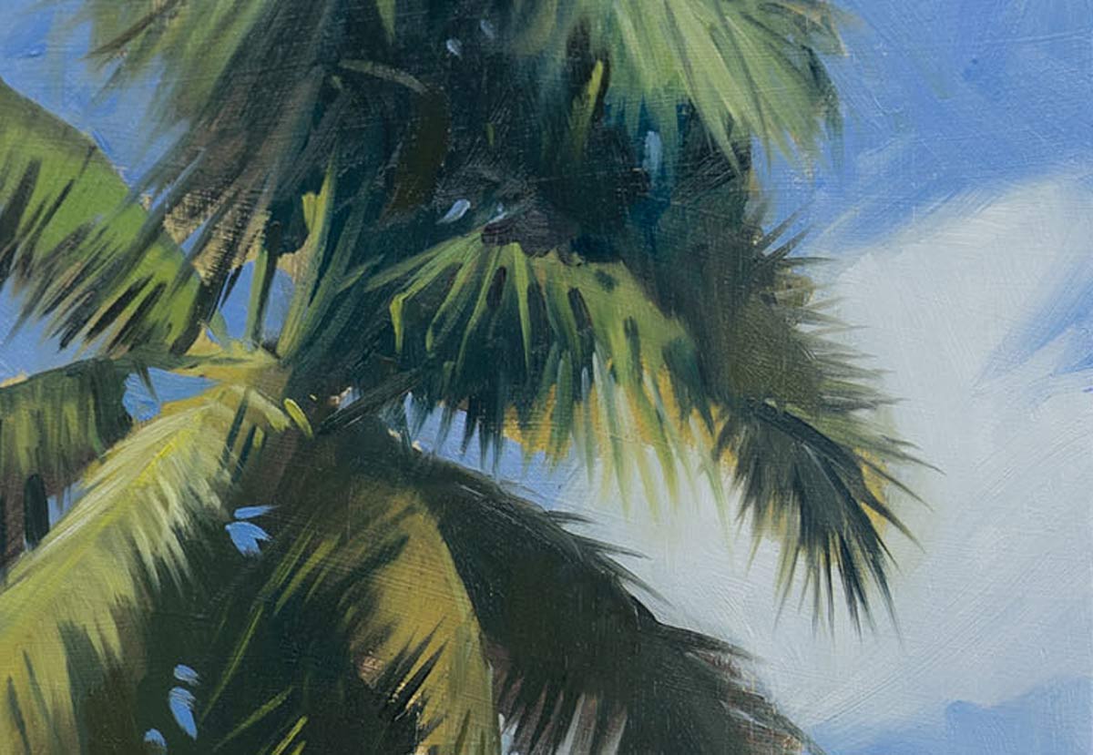Close-up painting of palm fronds against a bright blue sky.