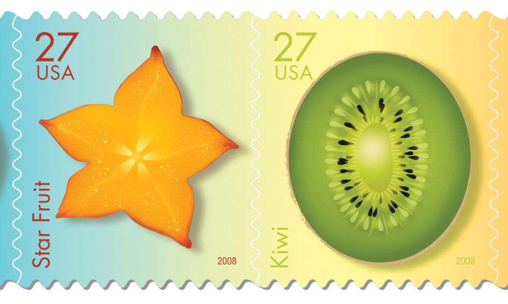 Close-up of two colorful U.S. postage stamp designs—one showing a bright orange star fruit and the other a green kiwi slice—each labeled with “27 USA” and “2008.”