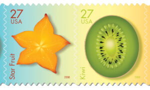 Close-up of two colorful U.S. postage stamp designs—one showing a bright orange star fruit and the other a green kiwi slice—each labeled with “27 USA” and “2008.”