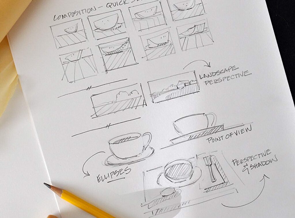 Sketchbook page showing pencil studies of bowls, cups, and landscapes with perspective notes.