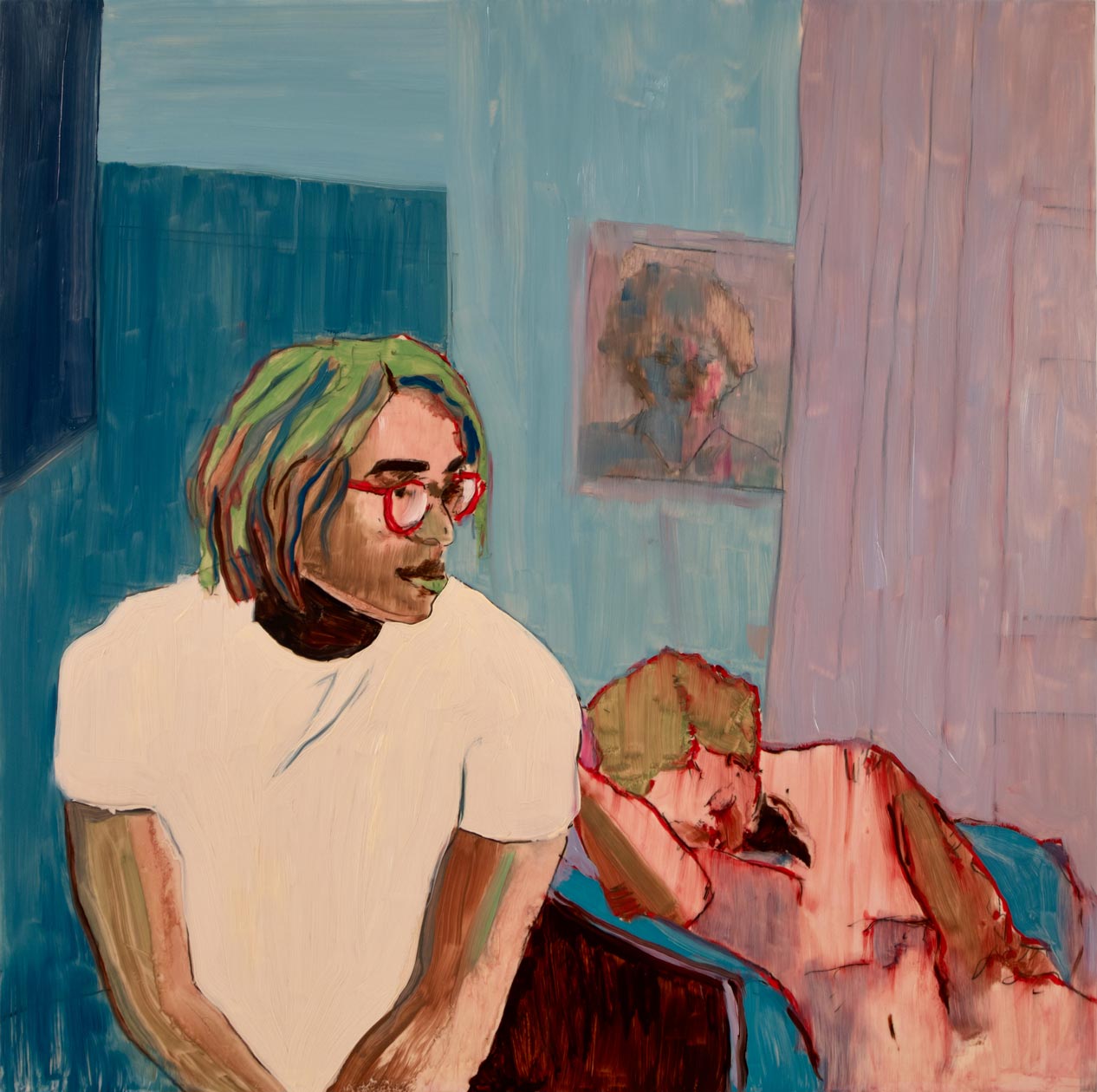 Hodelin Painterly image of two figures in a room — one seated and watching, the other reclining — in warm red and cool blue tones.