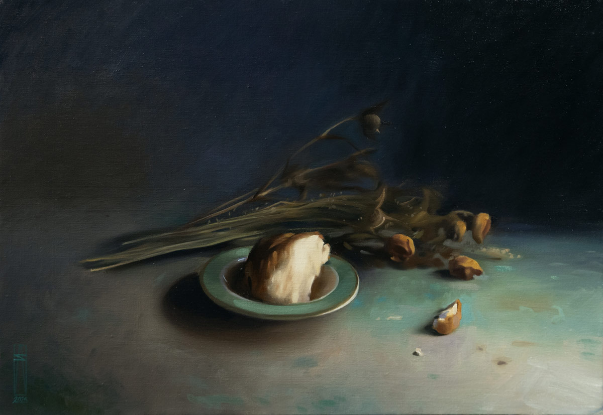 Still-Life Classical still life painting showing a small loaf of bread on a plate beside dried plants and scattered nuts against a dark, moody background.