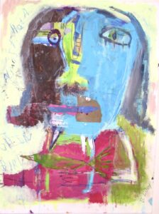 Colorful abstract painting of a face with blue and brown tones, featuring a green bird and handwritten text that reads “I almost had a green bird.”