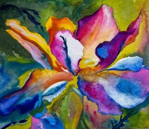 Vibrant watercolor of a flower with layered pink, blue, and orange petals.