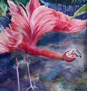 Watercolor painting of a bright pink flamingo bending its neck, surrounded by lush tropical colors.