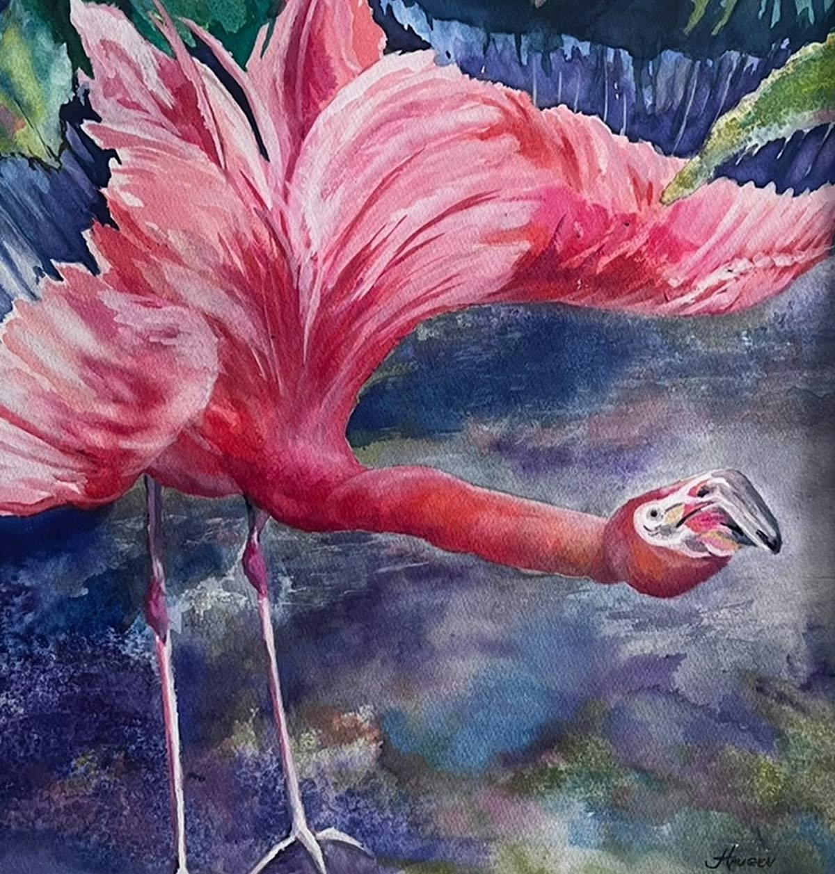cederlund-flamingo Watercolor painting of a bright pink flamingo bending its neck, surrounded by lush tropical colors.