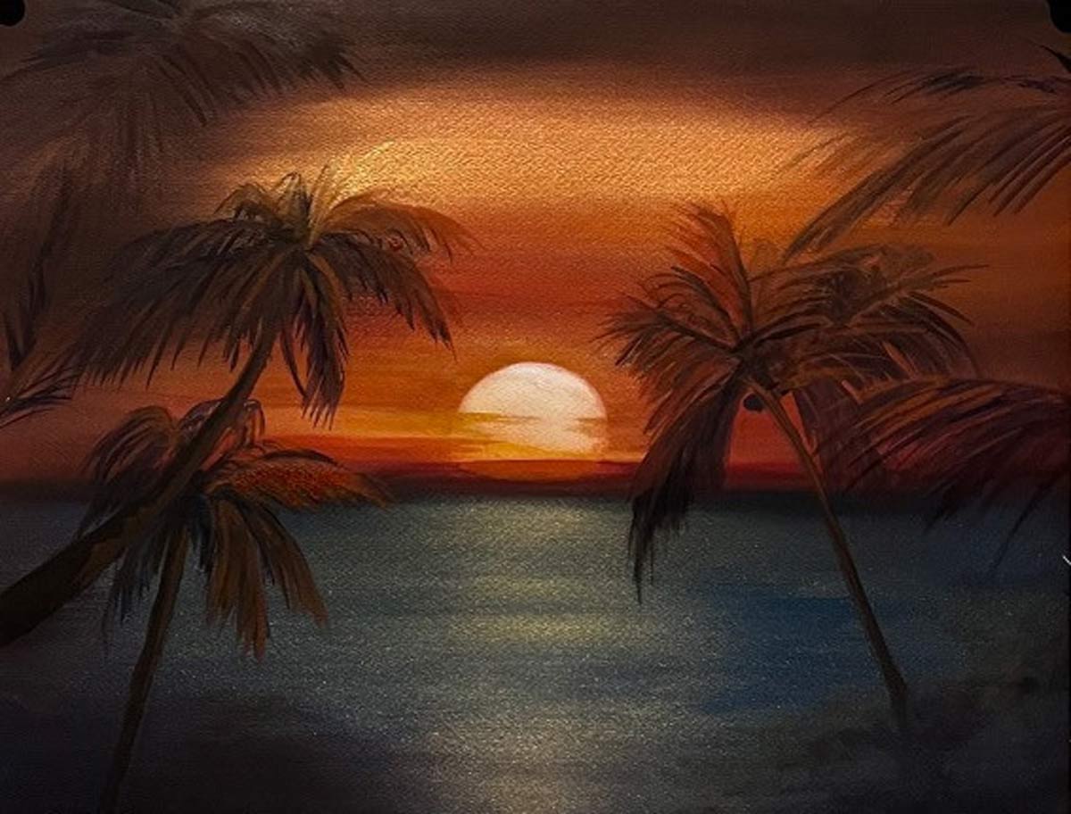 cederlund-sunset Painting of a vivid orange and red sunset over calm ocean waters with silhouetted palm trees.