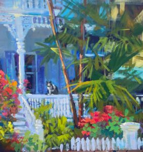Vibrant painting of a tropical Key West porch with lush greenery and colorful flowers surrounding a white picket fence, where a black and white cat sits on the railing.