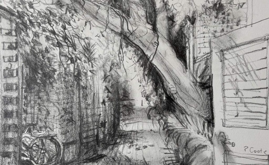 A detailed graphite drawing depicting a shaded alleyway framed by trees and buildings, with a bicycle leaning against a wall.