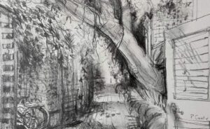 A detailed graphite drawing depicting a shaded alleyway framed by trees and buildings, with a bicycle leaning against a wall.