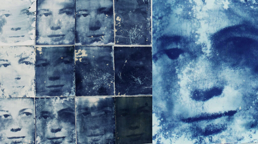 A grid of cyanotype prints featuring repeated ghostly facial imagery in varying blue tones. Some squares appear weathered or distressed, creating a textured, dreamlike effect. On the right side, a much larger close-up of the same face fills the composition.