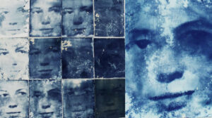 A grid of cyanotype prints featuring repeated ghostly facial imagery in varying blue tones. Some squares appear weathered or distressed, creating a textured, dreamlike effect. On the right side, a much larger close-up of the same face fills the composition.