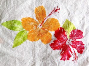Two brightly colored hibiscus flower prints—one orange, one red—on white fabric, accented by green leaves.