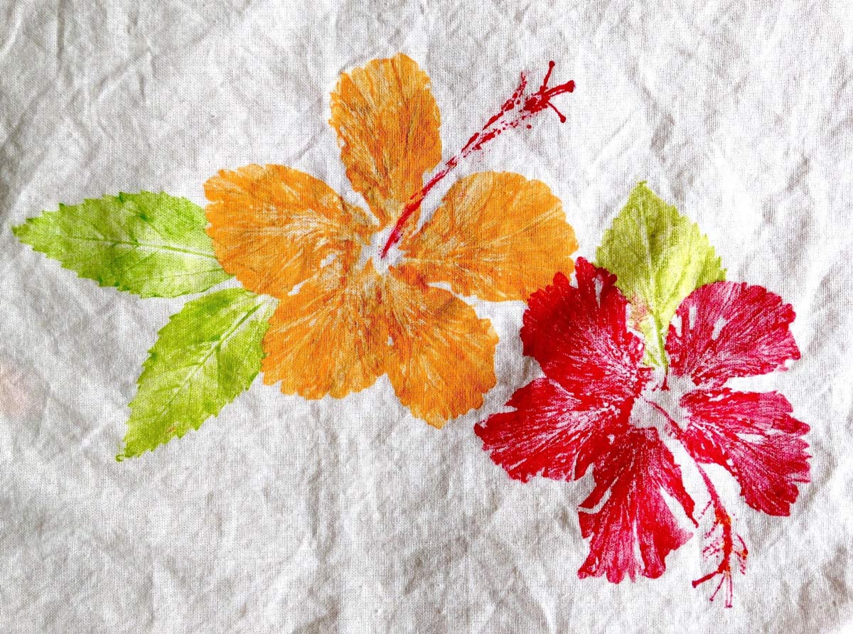 dawn-fabric Two brightly colored hibiscus flower prints—one orange, one red—on white fabric, accented by green leaves.