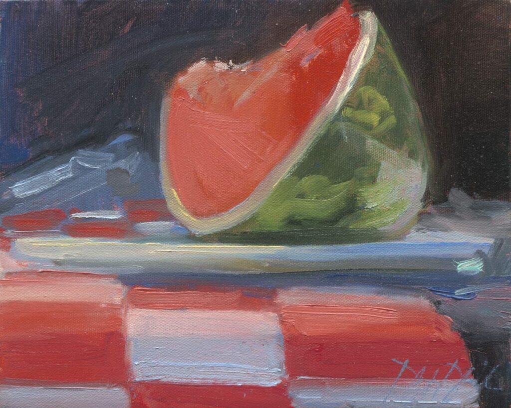 Oil painting of a watermelon slice on a red-and-white checkered surface with painterly brushstrokes.