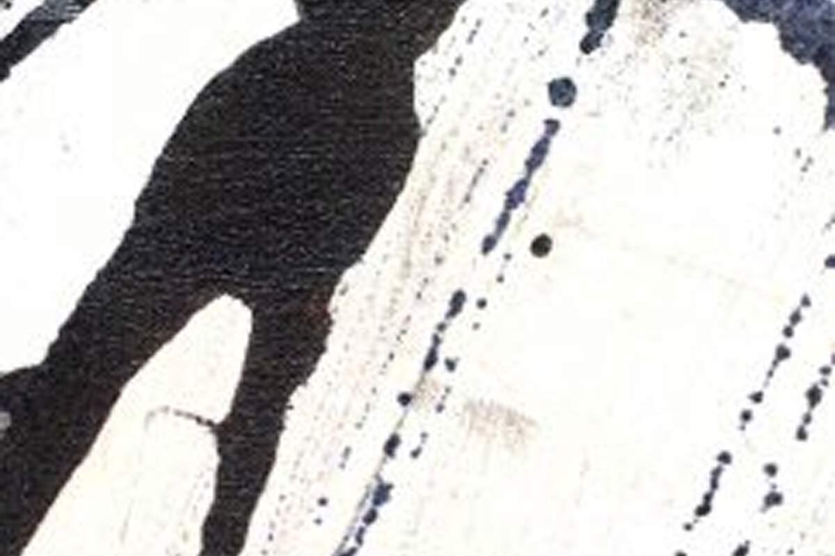 Black and white abstract ink strokes with splattered and dripping textures.