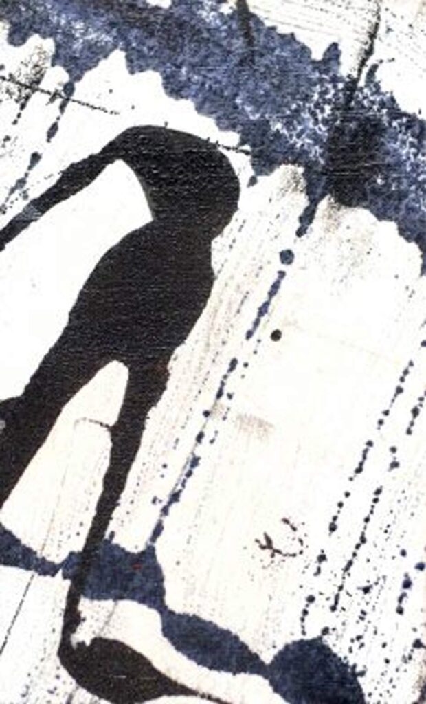 Black and white abstract ink strokes with splattered and dripping textures.