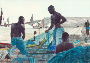 Gouache painting depicting men repairing fishing nets on a beach, rendered with rich, realistic detail and cool tones of blue and brown under a bright sky.