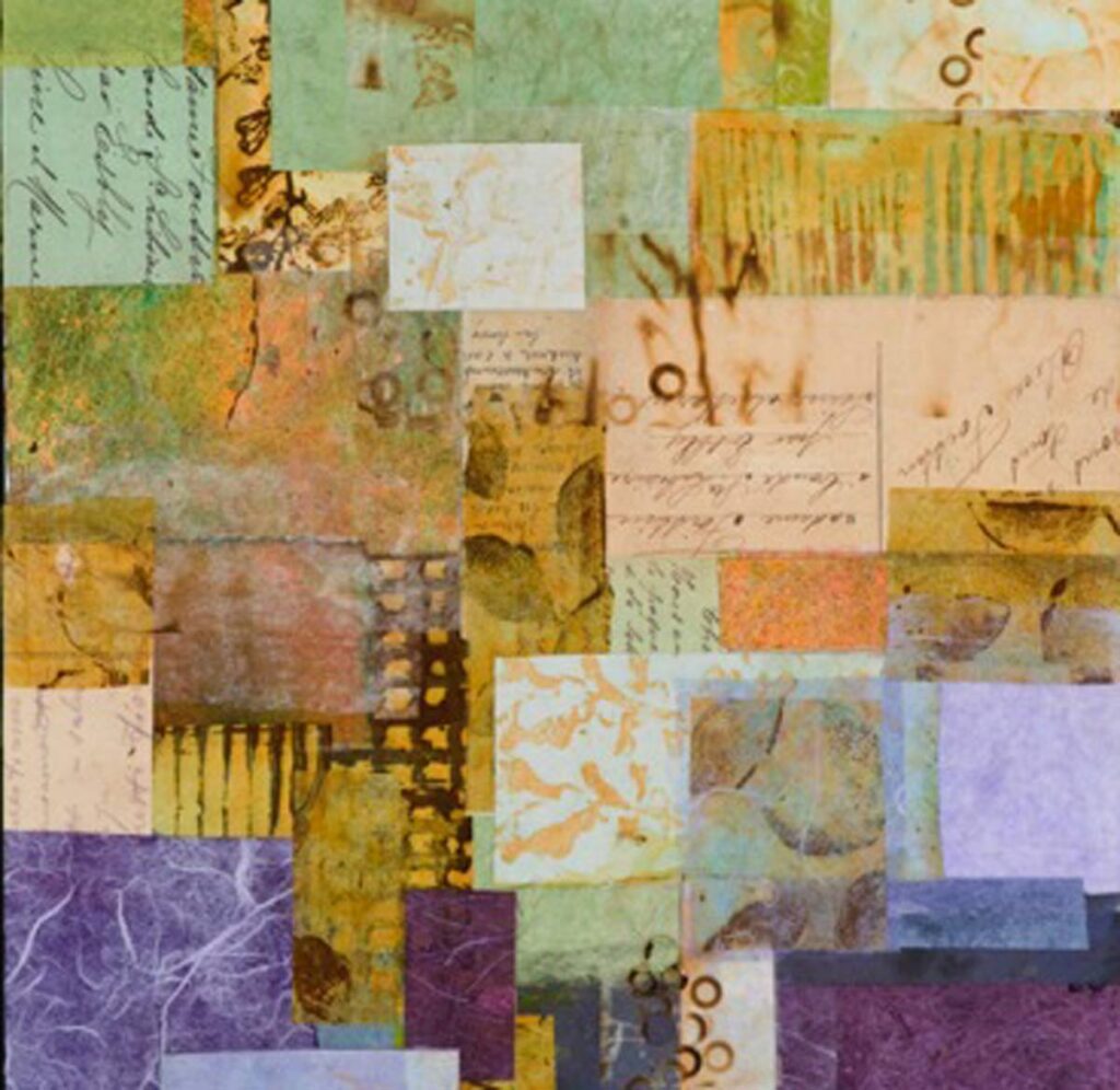 Layered collage of textured papers and old letters in shades of green, yellow, purple, and orange.