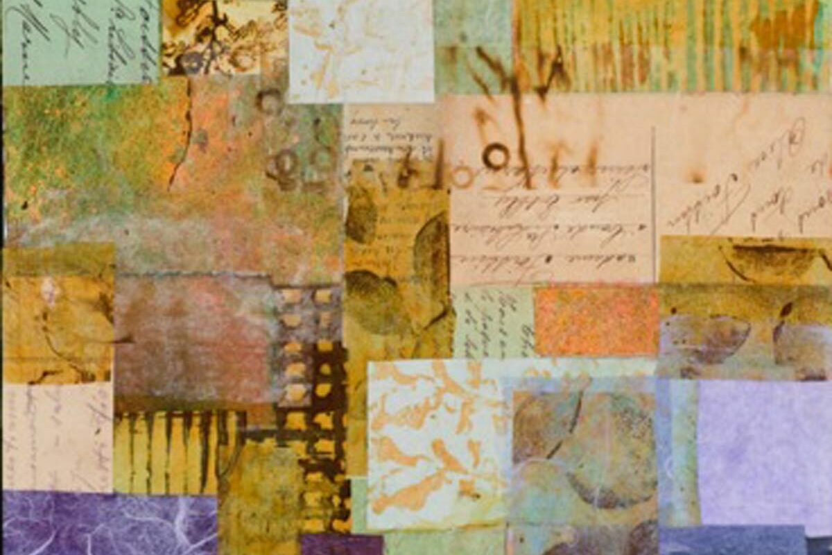 kostmayer-collage-with-color' Layered collage of textured papers and old letters in shades of green, yellow, purple, and orange.