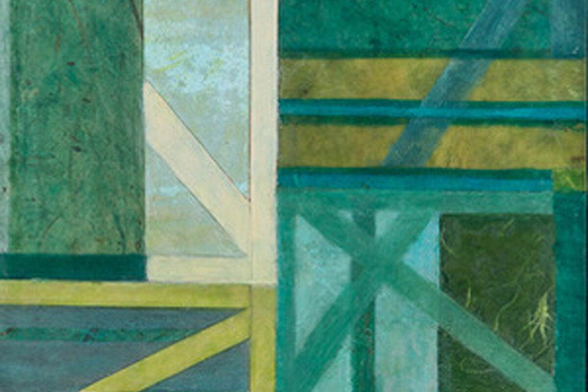 kostmayer-encaustic Abstract mixed-media painting in green and teal hues, with intersecting geometric shapes and layered translucent textures.