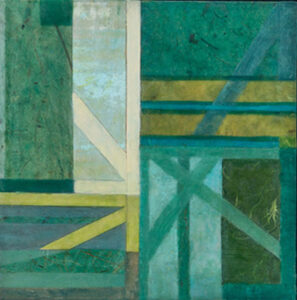 Abstract mixed-media painting in green and teal hues, with intersecting geometric shapes and layered translucent textures.